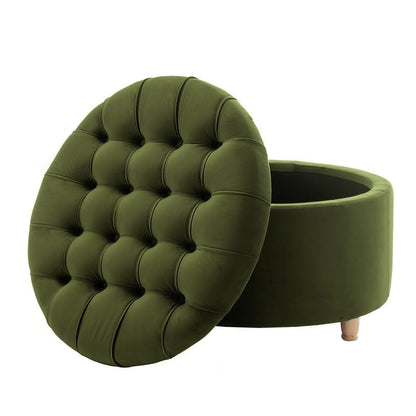 Niche Knight 28-Inch Large Round Pintucked Storage Ottoman with Lift-Off Lid, Tufted Upholstered Accent Footrest for Living Room, Bedroom, Entryway, Hidden Storage – Emerald Green