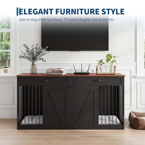 71'' Double Dog Crate Furniture for 2 Dogs, Dog Crate with 2 Drawer, view 6