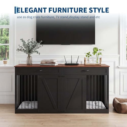 71'' Double Dog Crate Furniture for 2 Dogs, Dog Crate with 2 Drawer, view 6