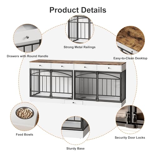 78.7" Dog Crate Furniture for 2 Dogs with 4 Drawers, White, view 7