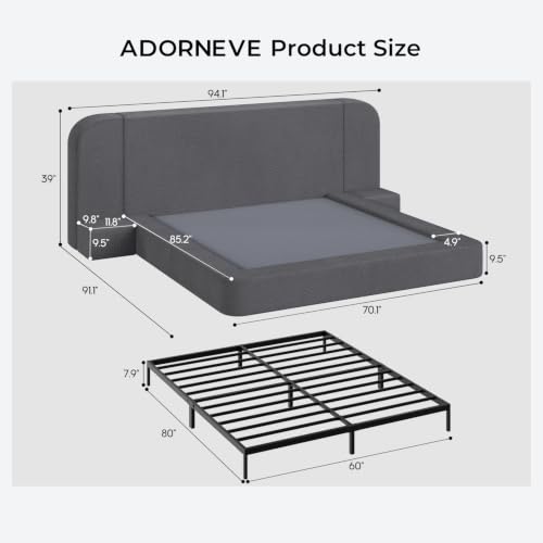 Upholstered Cloud Bed Frame Queen with Wide Headboard，Nightstands, Grey, view 3
