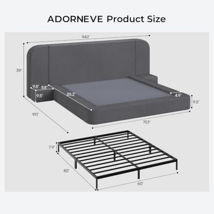 Upholstered Cloud Bed Frame Queen with Wide Headboard，Nightstands, Grey, view 3