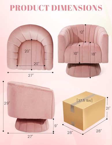Swivel Accent Chair, Modern 360° Swivel Barrel Chair, Light Pink | Mid Century Overstuffed Tufted Velvet Chair with Armrest, Comfy Round Armchair, Ideal for Living Room, Bedroom, Reading Room