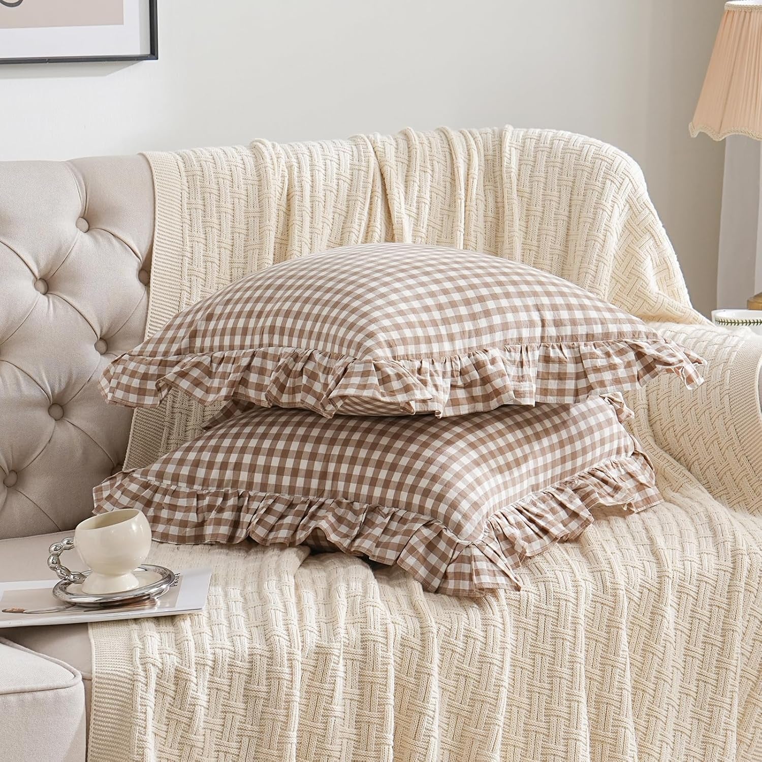 2 Pack Taupe/Brown Plaid Ruffle Throw Pillow Covers Farmhouse Checkered Chic Washed Cotton Pillowcases Gingham Pillow Shams for Bed, Sofa, Living Room-20"X20" Brown