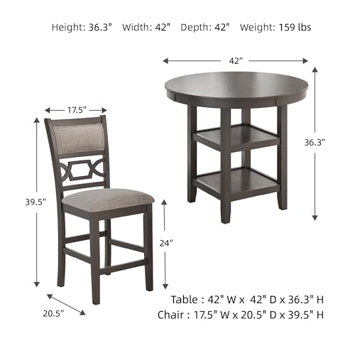 Signature Design by Ashley 5-Piece Round Counter Height Dining Table Set, Wrenning Collection, with 4 Upholstered Bar Stools, Wood and Mindi Veneer, 2 Storage Shelves for Dining Rooms, Light Gray