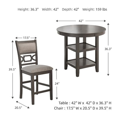Signature Design by Ashley 5-Piece Round Counter Height Dining Table Set, Wrenning Collection, with 4 Upholstered Bar Stools, Wood and Mindi Veneer, 2 Storage Shelves for Dining Rooms, Light Gray