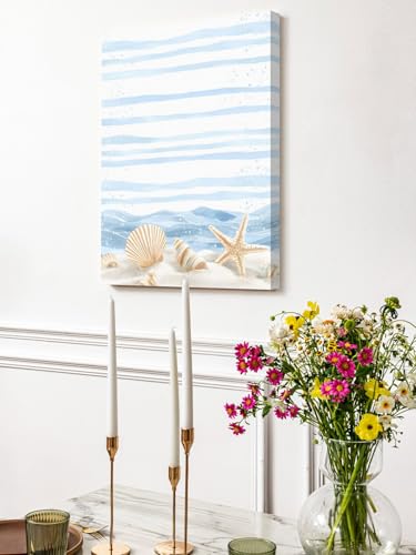 NuYeBiofx Summer Beach Shell Starfish Conch Canvas Wall Art Prints,30"x20" Framed Picture Artwork Seaside Ocean Wave Blue Line Printed Canvas Oil Painting for Living Room Bedroom Office,Ready to Hang