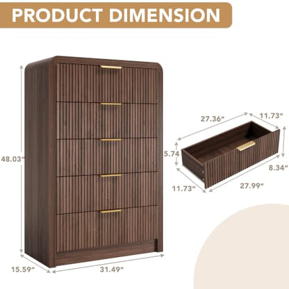 48" H Fluted 5-Drawer Dresser for Bedroom, Walnut, view 4
