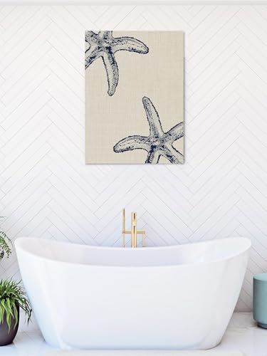 NuYeBiofx Rustic Blue Starfish on Vintage Linen Canvas Wall Art Prints,40"x28" Framed Picture Artwork Marine Life Printed Canvas Oil Painting for Living Room Bedroom Office,Ready to Hang