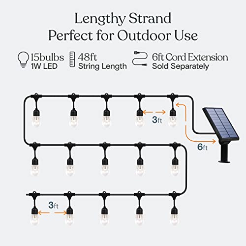 Ambience Pro Solar Powered Outdoor String Lights, 48 ft Commercial Grade Waterproof Patio Lights, Shatterproof LED String Lights for Outside, Porch - 15 Edison Bulbs, 1W Warm White