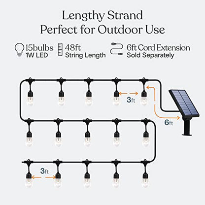 Ambience Pro Solar Powered Outdoor String Lights, 48 ft Commercial Grade Waterproof Patio Lights, Shatterproof LED String Lights for Outside, Porch - 15 Edison Bulbs, 1W Warm White