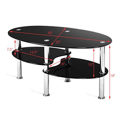 Glass Coffee Table, 3-Tier Modern Oval Smooth Glass Tea Table Center Table End Table with Open Storage Shelf,Sturdy Steel Legs for Living Room,Home,Office,Cocktail Tea Table (Black)