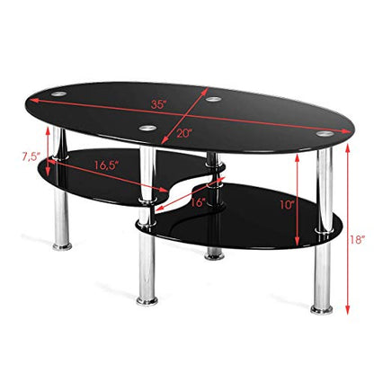 Glass Coffee Table, 3-Tier Modern Oval Smooth Glass Tea Table Center Table End Table with Open Storage Shelf,Sturdy Steel Legs for Living Room,Home,Office,Cocktail Tea Table (Black)