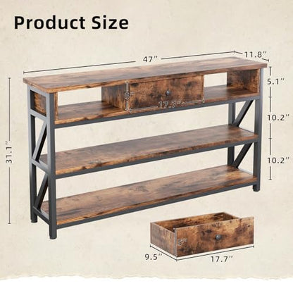 Console Table with Drawer Shelves, Entryway Table with 3 Tier Storage Shelves, Industrial Wood Hallway Sofa Table for Living Room, Couch, Foyer, Kitchen Counter, 47 Inch Rustic Brown