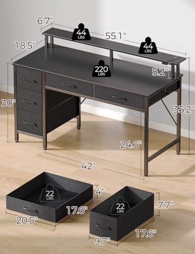 Computer Desk with Drawers, 55 Inch Desk with Drawers Home Office Desks, Computer Desk Office Desk with Power Outlets & LED Light, Monitor Stand Work Table Black