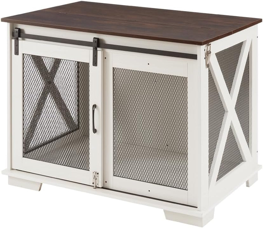 Dog Crate Furniture with Sliding Barn Door, Dog Crate Tv Stand with Detachable Divider, Flip Top Plate Dog House, Decorative Side End Tablefor Small/Medium/Large Dog (White + Mdf+Meta)