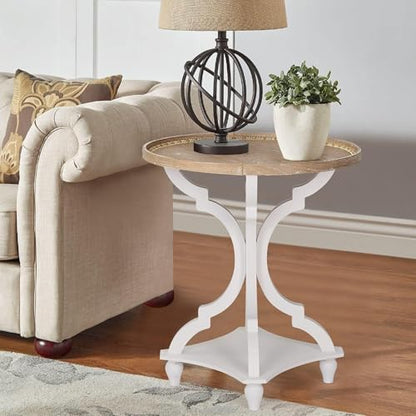 Farmhouse Round Accent End Table, Rustic Side Table Nightstands for Living Room, Wood Tray Top, Handcrafted Finish, Set of 2, White