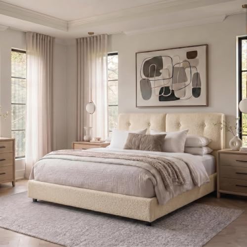 Bed Frame Queen Size, Boucle Upholstered Bed Frame with Headboard, view 8