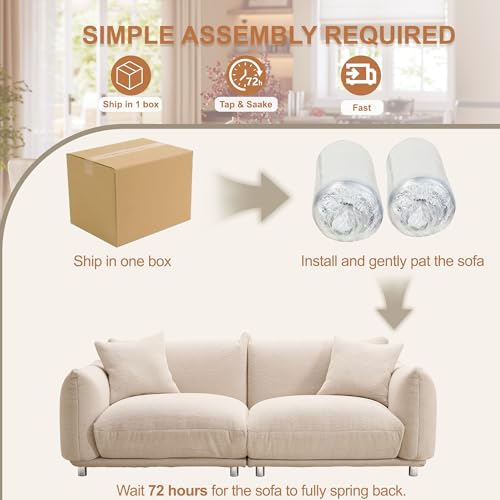 87.4" Modern Cloud Couch, 3 Seater Sherpa Sofa in a Box, Comfy Upholstered Deep Seat Loveseat with Metal Legs, Boucle Sofa Oversized Couch w/2 Pillows for Living Room Bedroom Apartment - Camel