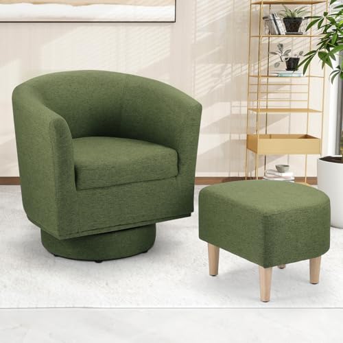 Green Swivel Accent Chair with Ottoman, Comfy Barrel Armchair for Small Spaces, 360° Modern Fabric Lounge Chair for Living Room, Bedroom, Reading Nook, Home Office