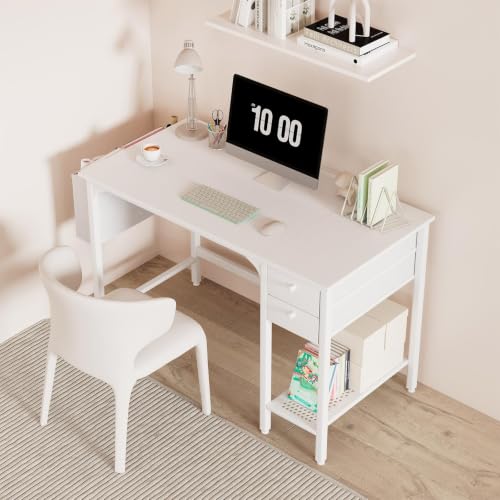White Small Desk with Drawers, 40 Inch Computer Desk for Small Space Home Office, view 3