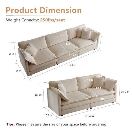Luxury Oversized 3 Piece Sofa Set, 2 Pieces of 2 Seater and 1 Piece of 3 Seater Sofa, Modern Chenille Comfy Cloud Couches Set with 13 Pillow for Living Room Office, Light Coffee