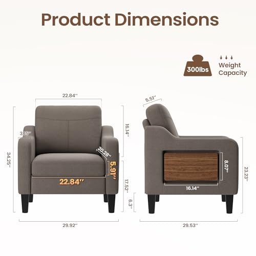 Upholstered Accent Chair with Foldable Side Table for Living Room | 2 Side Pockets, Modern Linen Armchair Wooden Fabric Chairs for Living Room, Comfy Reading for Bedroom/Office