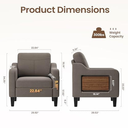 Upholstered Accent Chair with Foldable Side Table for Living Room | 2 Side Pockets, Modern Linen Armchair Wooden Fabric Chairs for Living Room, Comfy Reading for Bedroom/Office