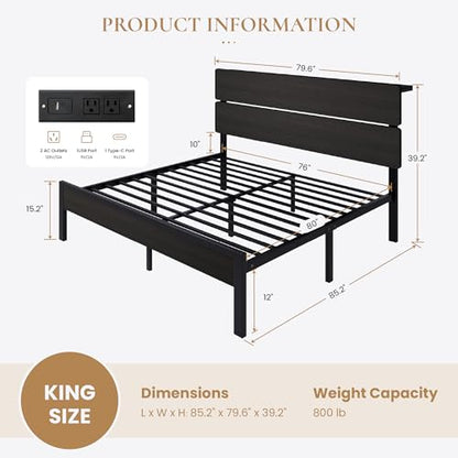 King Size Bed Frame, Led Light, Charging Station, Storage Shelf, view 3