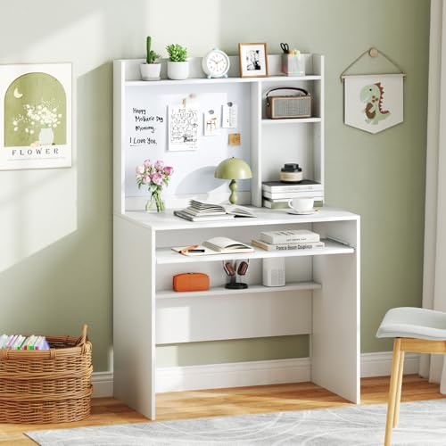 35 Inch White Computer Desk with Hutch and Keyboard Tray, view 3