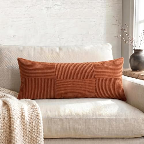 Fancy Homi Set of 1 Rust Boho Long Lumbar Body Decorative Throw Pillow Cover 14x36 Inch for Bed Couch Bedroom Bench, Soft Patchwork Corduroy Textured Pillow Case, Rustic Farmhouse Room Decor