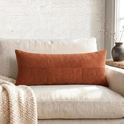 Fancy Homi Set of 1 Rust Boho Long Lumbar Body Decorative Throw Pillow Cover 14x36 Inch for Bed Couch Bedroom Bench, Soft Patchwork Corduroy Textured Pillow Case, Rustic Farmhouse Room Decor