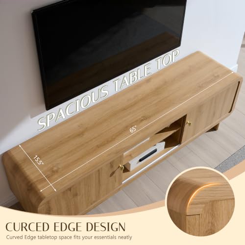 65" Curved TV Stand with Storage for TVs Up to 75", Sliding Doors, Natural, view 6
