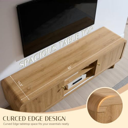 65" Curved TV Stand with Storage for TVs Up to 75", Sliding Doors, Natural, view 6