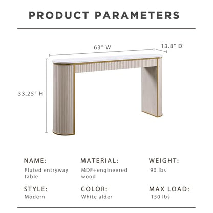 Modern Fluted Console Table, 63" Long Narrow Entryway & Sofa Tables for Hallway, Tall Accent Table Behind Couch for Foyer Living Room, White Alder