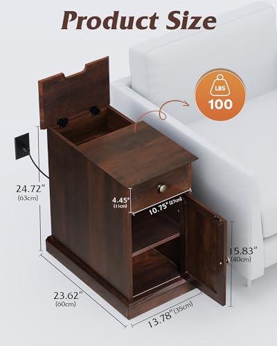 End Table with Charging Station, Narrow Side Table with Drawer & Cabinet, Side Table with Adjustable Shelf for Living Room/Bedroom, Wooden Nightstand with Hidden USB Ports and Outlets, Espresso