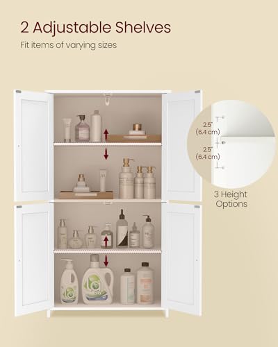 VASAGLE Floor Storage Cabinet, Shaker Cabinet with 2 Adjustable Shelves, 4 Doors, Tall Freestanding Organizer Unit, for Kitchen Bathroom Living Room, Cloud White UBBC553WH01S