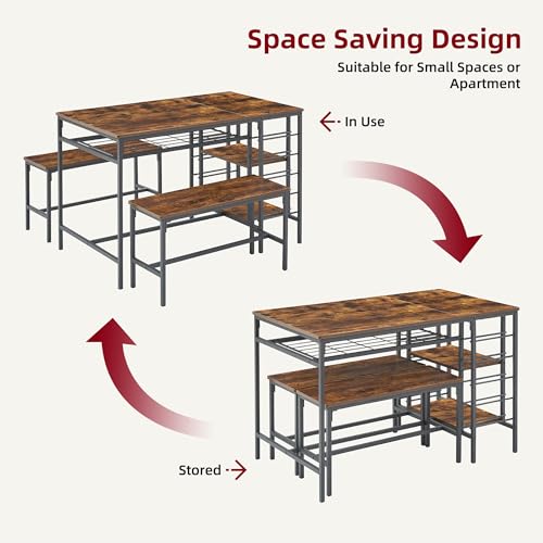 Dining Table Set for 4, Kitchen Table Set for 4 with 2 Benches, Rectangular Dining Room Table Set with Wine Rack, 3 Piece Dining Table Set for Small Space Apartment, Rustic Brown