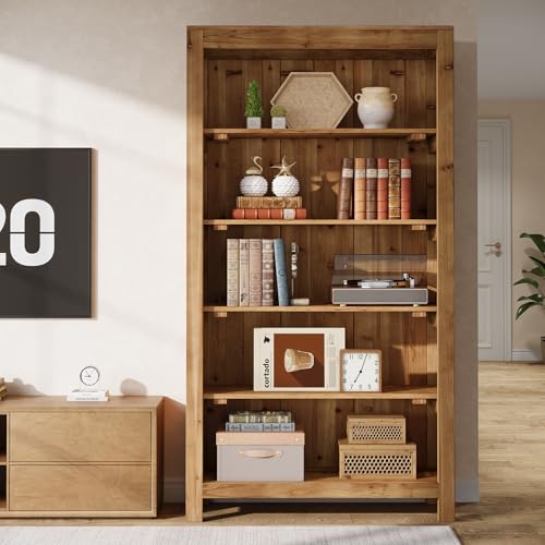 5-Tier Real Wood Bookcase Solid Wood Bookshelf Display Storage Shelf, view 4