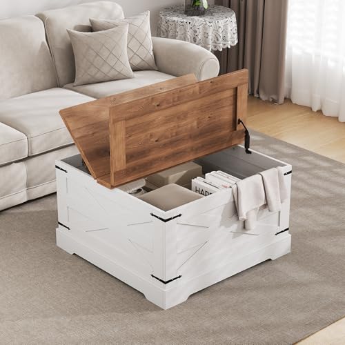 BestHaped Farmhouse Coffee Table with Hidden Storage, White Square Coffee Table for Living Room, Wood Large Center Table with Hinged Lift Top for Home, Office
