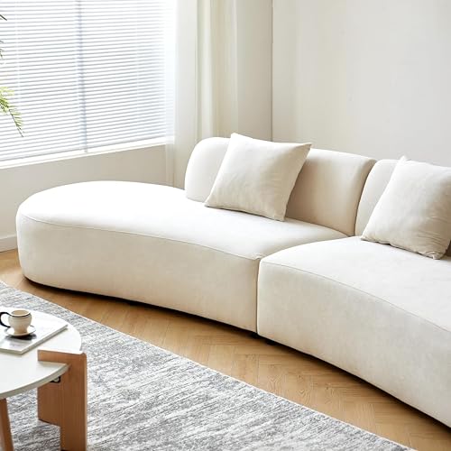 132" Curved Sofa with Throw Pillows, 6 Seater Luxury Velvet Couch with Half Moon Design and High-Density Foam, Ideal for Modern Living Room, Office & Apartment, Ivory