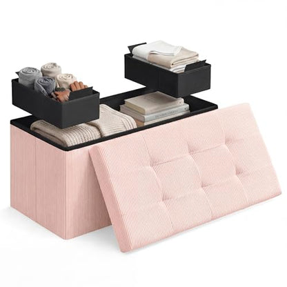 Ottoman with Storage, Removable Lid, Folding Storage Chest, Easy Assembly, for Entryway, Bedroom, Living Room, 15.2 x 30.2 x 15.2 Inches, Corduroy, Light Pink