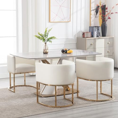 Faux Leather Dining Chairs Set of 2 Modern Barrel Arm Chairs with Golden Metal Frame, Upholstered Kitchen Chairs 18.5" Wide Accent Chairs for Living Room Dining Room Restaurant, White