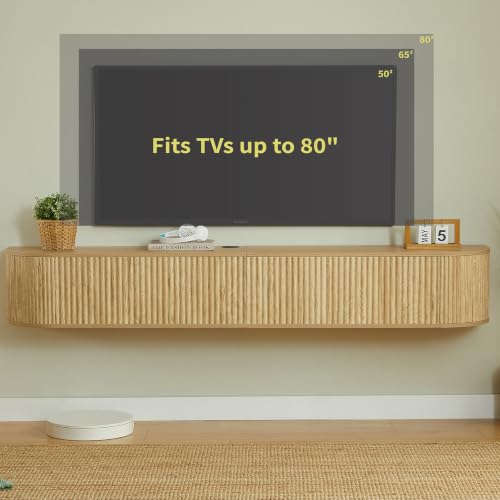 71" Oak Fluted Floating TV Stand for TVs up to 80" for Living Room, view 7