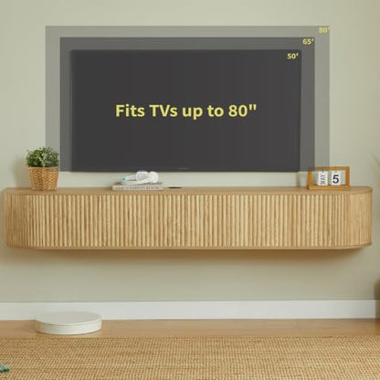 71" Oak Fluted Floating TV Stand for TVs up to 80" for Living Room, view 7