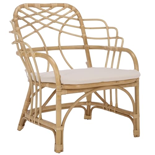 SAFAVIEH Home Collection - Junie Tropical Rattan Dining Chair, Natural & Cream Upholstered Seat, Coastal Boho Accent Chair, Fully Assembled (SEA8040A)