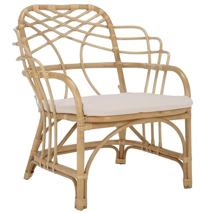 SAFAVIEH Home Collection - Junie Tropical Rattan Dining Chair, Natural & Cream Upholstered Seat, Coastal Boho Accent Chair, Fully Assembled (SEA8040A)