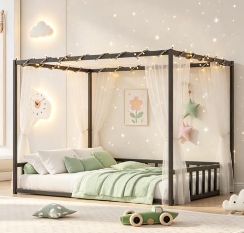 Full Canopy BedFrame with led, Metal Montessori House Floor Bed, view 5