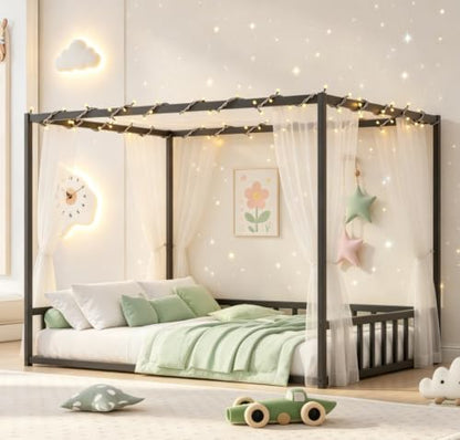Full Canopy BedFrame with led, Metal Montessori House Floor Bed, view 5
