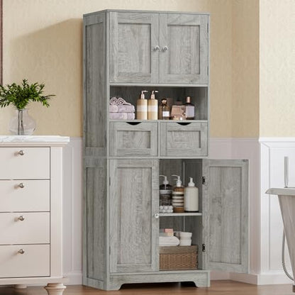 57.8" H Tall Storage Cabinet with 2 Drawers & 2 Adjustable Shelves, Bathroom Storage Cabinet with 4 Doors, Floor Cupboard, for Living Room, Dining Room, Entryway, Woodgrain Gray